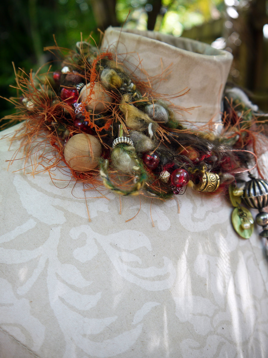 Yarn fringe mixed media charm necklace