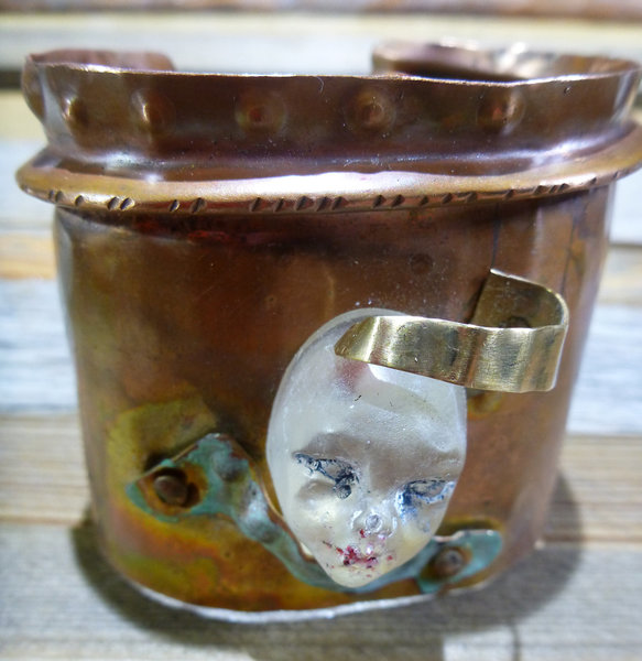 Resin face fold formed cuff bracelet with green patina