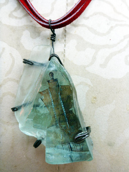 Looking glass mannequin bust steel wire red suede necklace