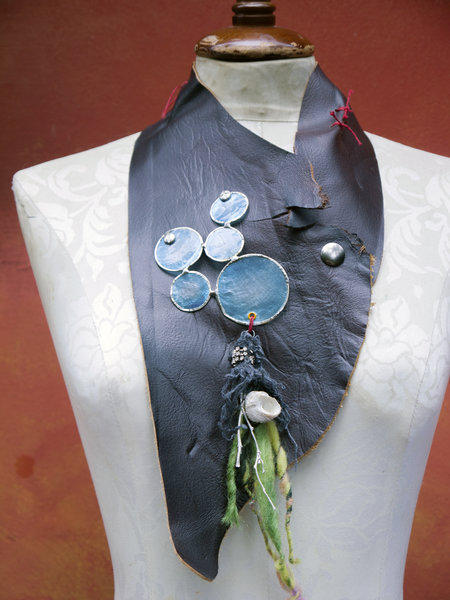 Bubbles and shells organic bohemian leather bib necklace with pewter branch