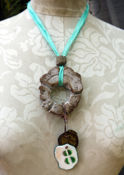 Cholla disc necklace with enameled #8 and a bottlecap accent