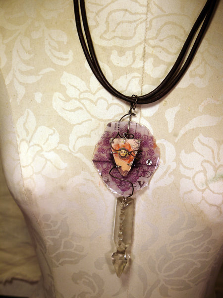 Caged circus resin necklace with a vintage crystal and leather