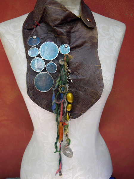 Gathered brown leather fringe bib necklace with blue capiz shell