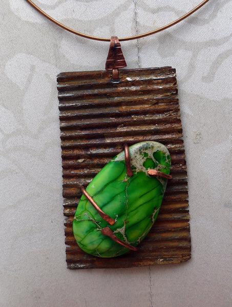 Green jasper recycled tin can prong necklace