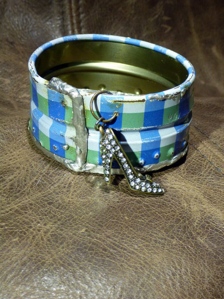 Recycled blue plaid tin can soldered cuff with high heel charm