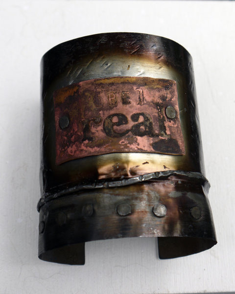 Upcycled tin can cuff bracelet with copper tag