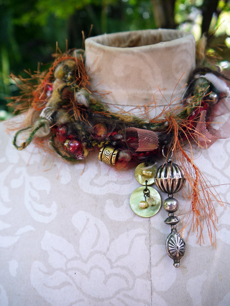 Yarn fringe mixed media charm necklace